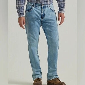 Wrangler Denim Jeans Slim Straight Mens 38x30 Blue Denim Medium Wash Whiskers